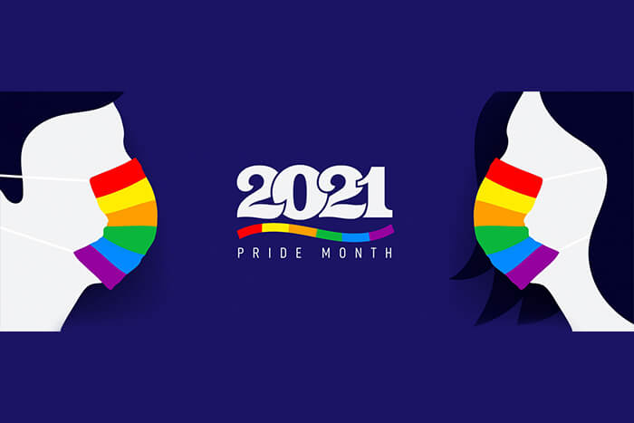 Silhouette of man and woman with protective face mask colored in rainbow. Pride and COVID-19 protection concept. LGBT flag color and logo 2021 pride month.